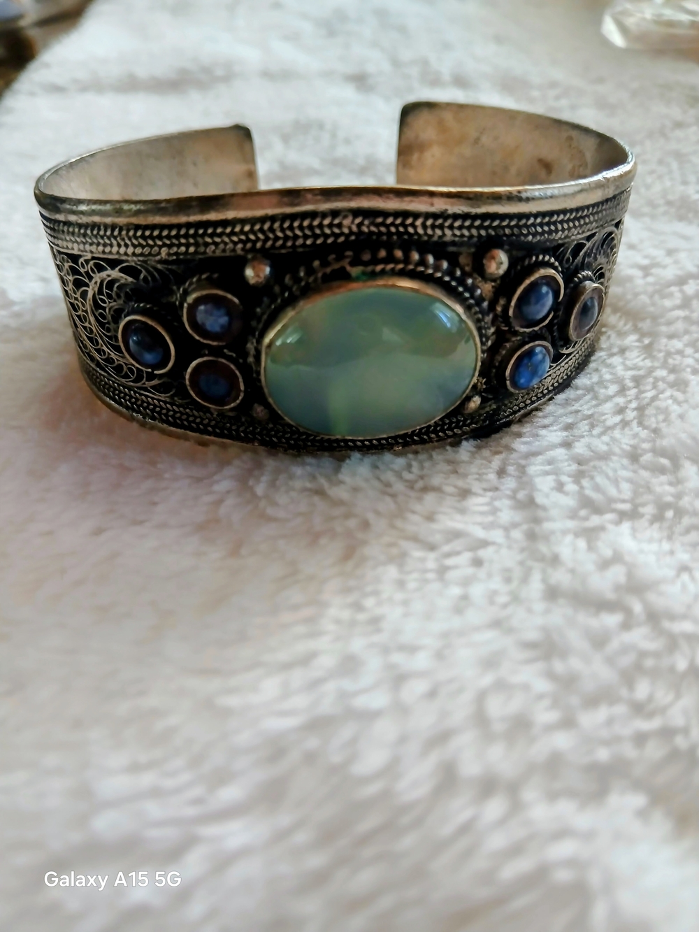 Antique Style Silver-Tone Cuff Bracelet with Blue-Green Oval Cabochon